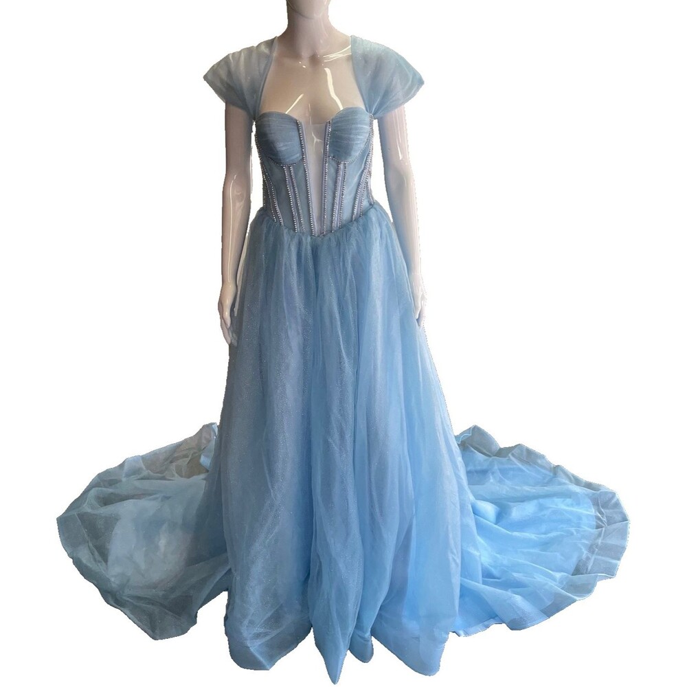 NEW Warm Notices Prom Dress Ball Gown Quinceanera Formal Sz 4 Blue Train w/ Bow